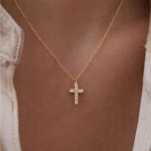 Sweet Peeps Jewelry - SWEET PEEPS 18K Gold Dipped CZ Cross Necklace Gold Dainty Minimalist 16” Chain